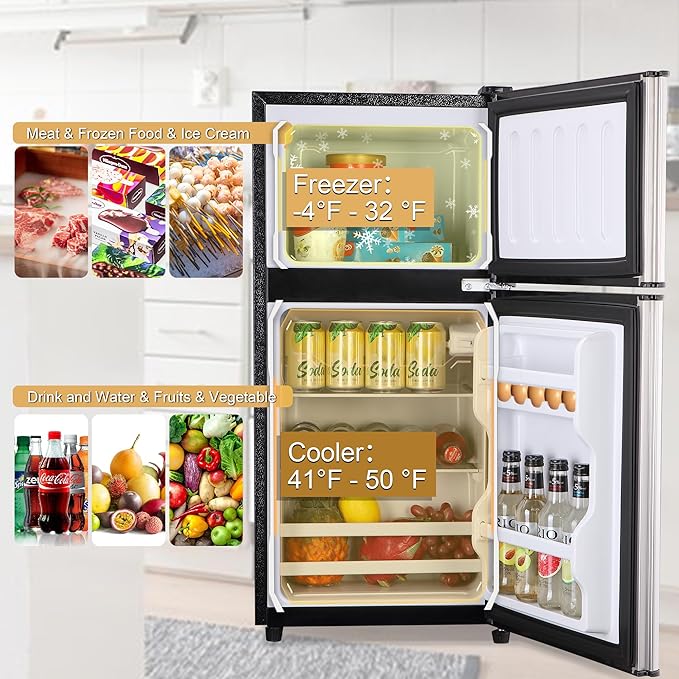 Mini Fridge with Freezer, 3.2 Cu. Ft. Double-Door Small Refrigerator with Adjustable 7-Level Thermostat & Separate Freezer, Dorm Fridge Compact for Kichen, RV, Office, Apartment, Silver