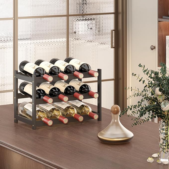 Wine Rack Countertop for 12 Wine Bottles and 4 Glass Holder, Small Bamboo Free Standing Racks Tabletop Display, Wooden Wine Storage Organizer for Cabinet Pantry Kitchen Bar Home Dining Room (Black)