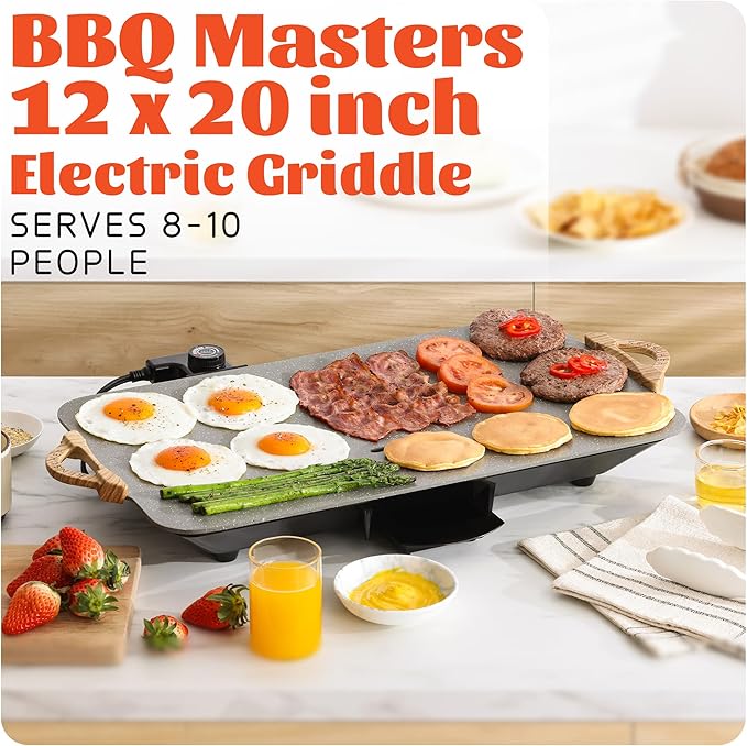 12x20inch Electric Griddle by BBQ Masters, 1700W Fast Even Heating, ILAG Granite Nonstick, Sloped Cooking Surface, Frameless Design for Easy Cleaning, Great for Family Gatherings, Grey