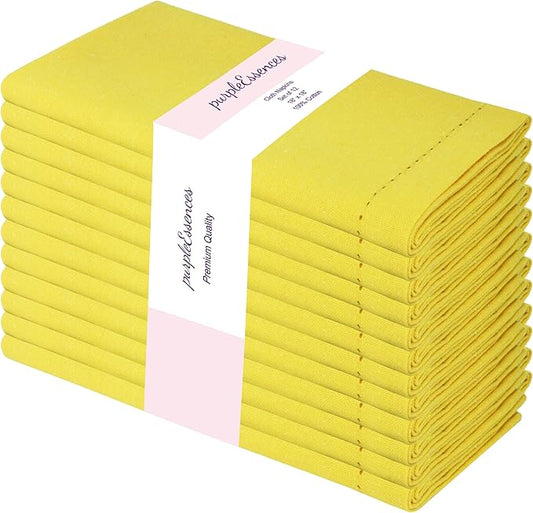 PurpleEssences Set of 12 Hemstitch Cloth Dinner Napkins 100% Cotton - Soft Durable Washable - Ideal for Wedding Fall Thanksgiving - Perfect Everyday Use Table Linen 18x18 - Yellow