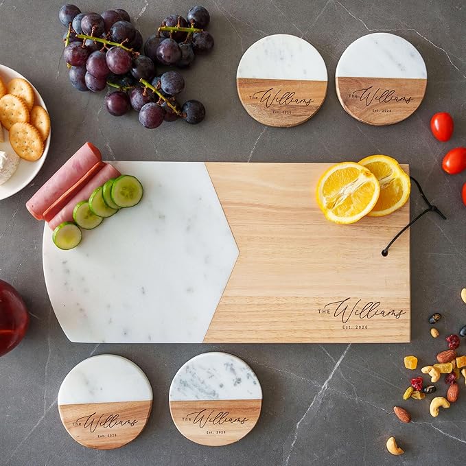 Custom Engraved Wood Marble Cutting Board Set, Personalized Cheese Board & Charcuterie Tray with Coasters, Ideal Housewarming or Wedding Gift
