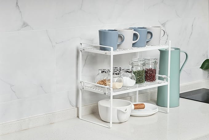 2Pack Kitchen Cabinet Shelf Counter Organizer Rack Pantry Storage Bathroom Bedroom Office Table Desk Space Saving Stackable Rust Resistant Non Slip White Wide L16.1in W10.6in H7.3in