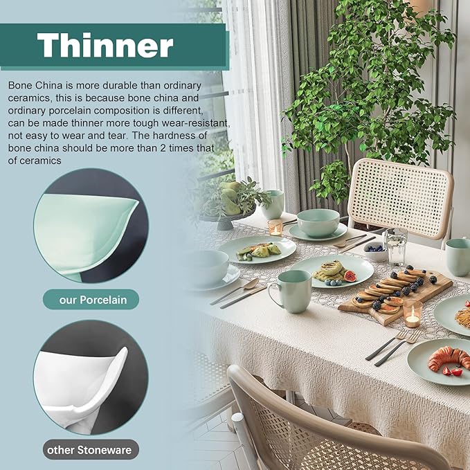 Yoshy 16-Piece Green Bone China Dinnerware with Lightweight Durable Chip Resistant Design Service for 4
