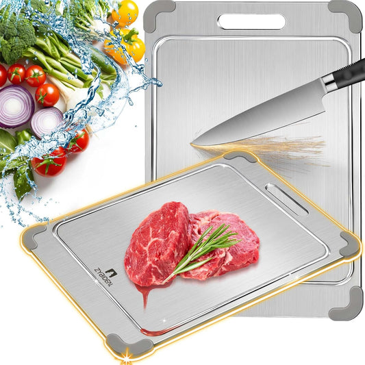 100% Pure Titanium Cutting Board with Grooves, Update Double Side Titanium Chopping Board, Silicone Anti-slip Stainless Cutting Boards for Kitchen 11 * 15 IN, Grey