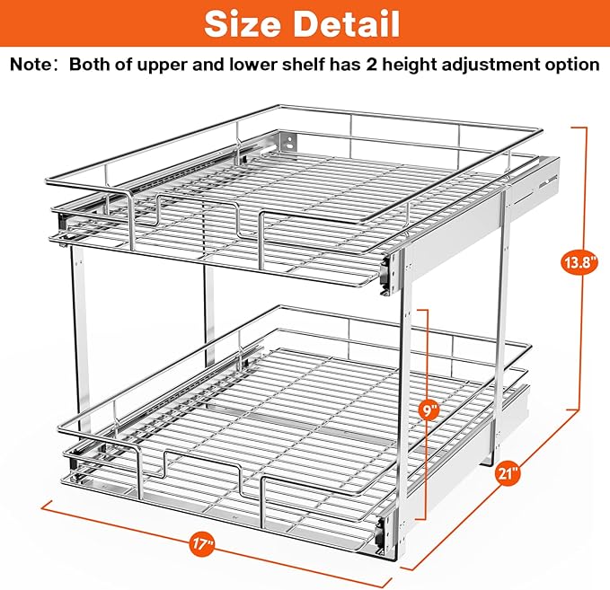 ROOMTEC Individual Pull Out Cabinet Organizer (17" W x 21" D), 2 Tier Spice Rack Organizer for Cabinet, Slide Out Drawer Pantry Shelf Organization and Storage for Kitchen Bathroom