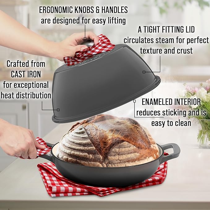 Signature Enameled Cast Iron Sourdough Bread Oven | Non-Stick with Tight Fitting Lid for Perfect Baking and Bread Making | 6QT Round Oven With Lid [Oyster Grey]