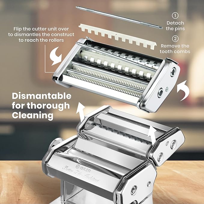 ISILER Pasta Maker, 9 Adjustable Thickness Settings 2 in 1 Pasta Machine with Rollers and Cutter, Noodle Maker for Dumpling Skin, Spaghetti, Fettuccini, Lasagna