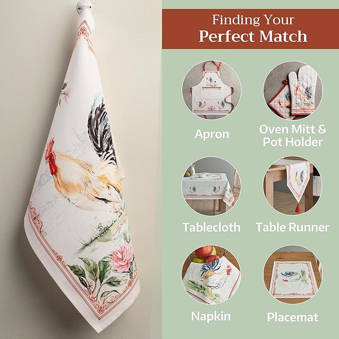 100% Cotton Kitchen Towel Campagne Maison d' Hermine Set of 2 Super Soft Highly Absorbent Hotel Quality Quick Drying Cleaning Dishcloth Tea Bar Towels Spring/Summer (Coq, 20"x27.50")