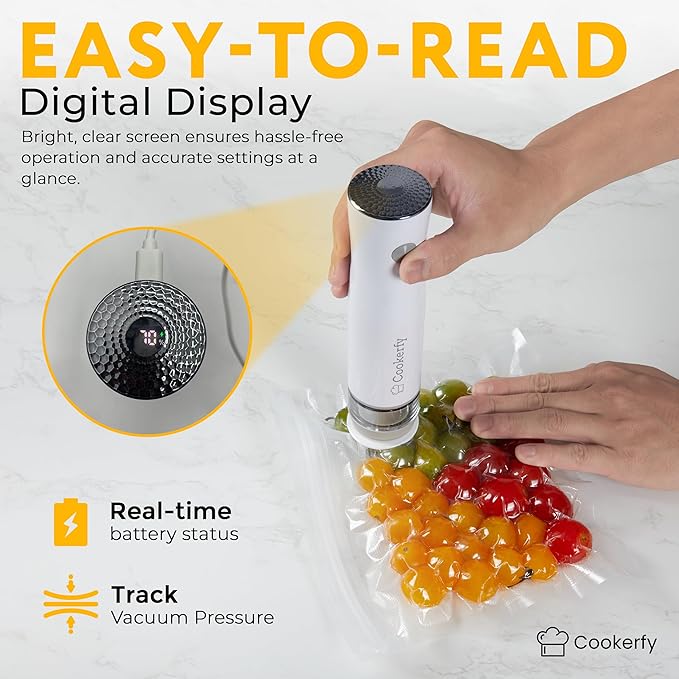 Food Vacuum Sealer Machine with Digital Display & Visible Tank, 8L Air Flow Handheld Compact Vacuum Sealer for Food, 1200mAh Battery, 30 Reusable Seal Bags, Portable Lightweight 6.87oz