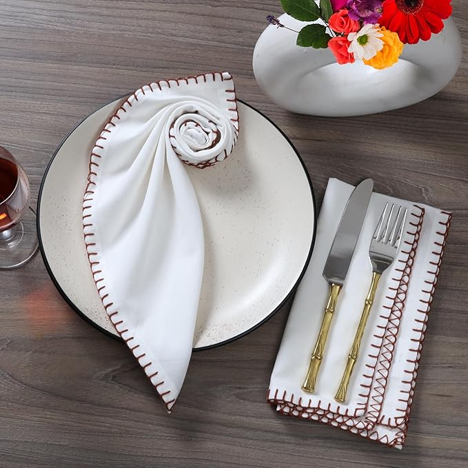 Bedding Craft Cotton Cloth Dinner Napkins Set of 12 – 18x18 Chili Oil Red Cloth Napkins with Blanket Stitch Selvedge – Washable Fabric Napkins for Wedding Tables, Banquets, Parties & Restaurants