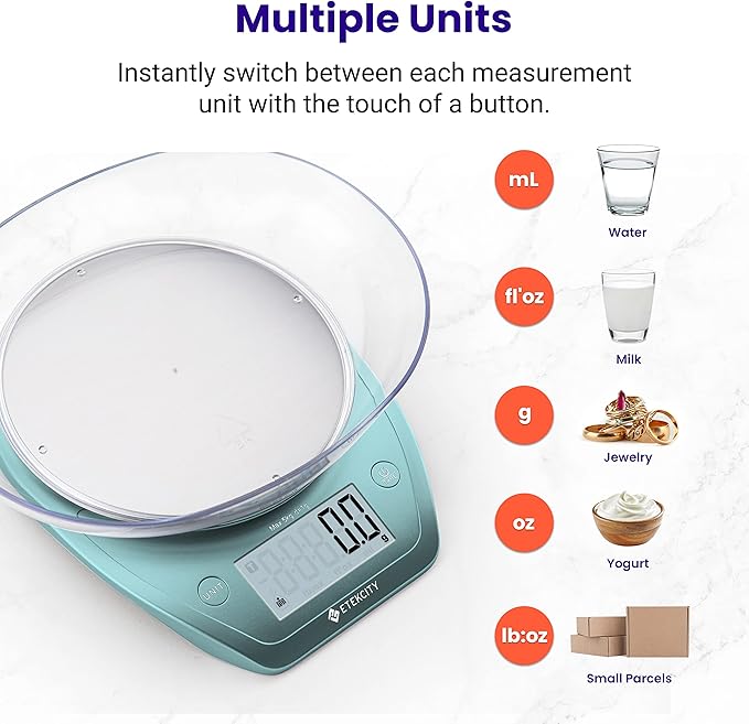 Etekcity 0.1g Food Scale, Bowl, Digital Grams and Ounces for Weight Loss, Dieting, Baking, Cooking, and Meal Prep, 11lb/5kg, Bright Blue