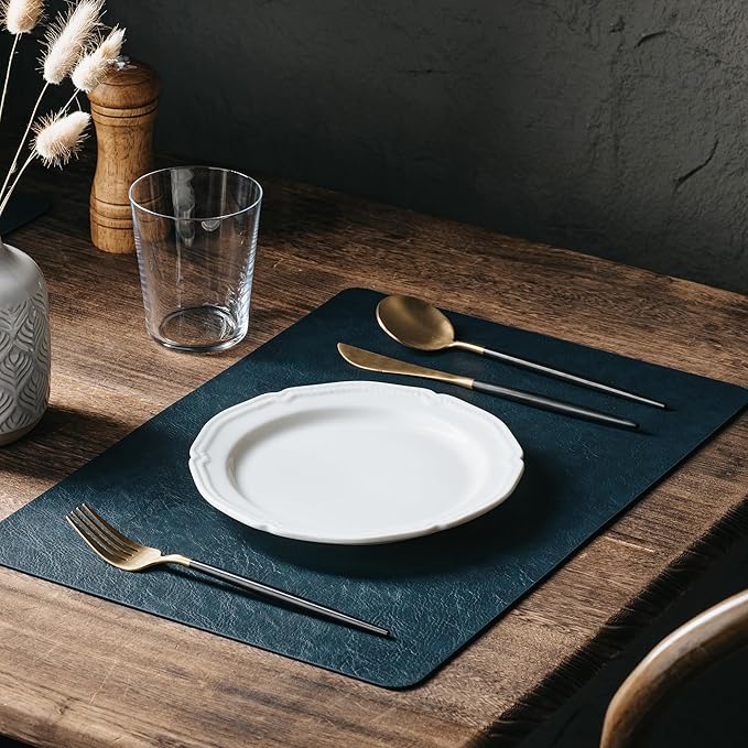 DOLOPL Placemats Set of 4 Reversible Dual-Color Table Placemats– Heat Resistant Wipeable & Washable Place Mats, Luxury Faux Leather Table Mats for Vintage Dining Table Decor (Camel & Navy Blue)