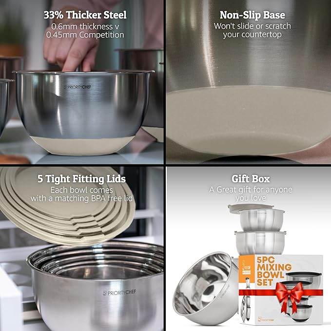 Priority Chef Premium Mixing Bowls With Lids Set, Airtight Lids, Thicker Stainless Steel, Non-Slip Base, 5 Nesting Steel Bowls for Kitchen, Large Prep Metal Bowl Set 1.5/2/3/4/5 Qt, Khaki