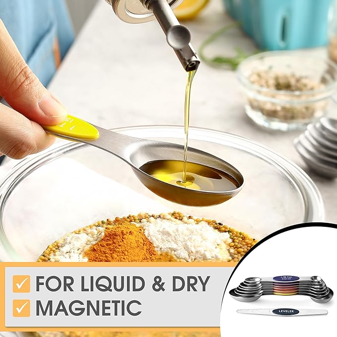 Spring Chef Stainless Steel Magnetic Measuring Spoons Set of 8 with Leveler, Nesting Teaspoon & Tablespoon Measuring Spoons, Kitchen Gadgets for Baking & Cooking, Fits in Spice Jars - Mountain Sunrise