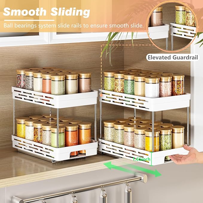 Pull Out Spice Rack Organizer for Cabinet, 2 Pack Widen Slide Out Spice Racks Organizer, Spice Cabinet Organizers, Cabinet Size Need:12'' Highx11'' Deepx6.75'' Wide,Hold 15 Spice Jar Each Tier-2Tier