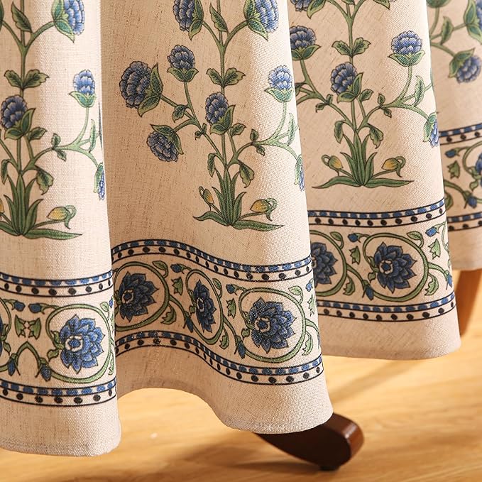 patdrea Designer Blue Tablecloth for Round Tables,Vintage Linen with Leaves and Flowers Pattern Tablecloths,Farmhouse Floral Table Cover Cloth Decor for Kitchen Dining Christmas,Diameter 55"