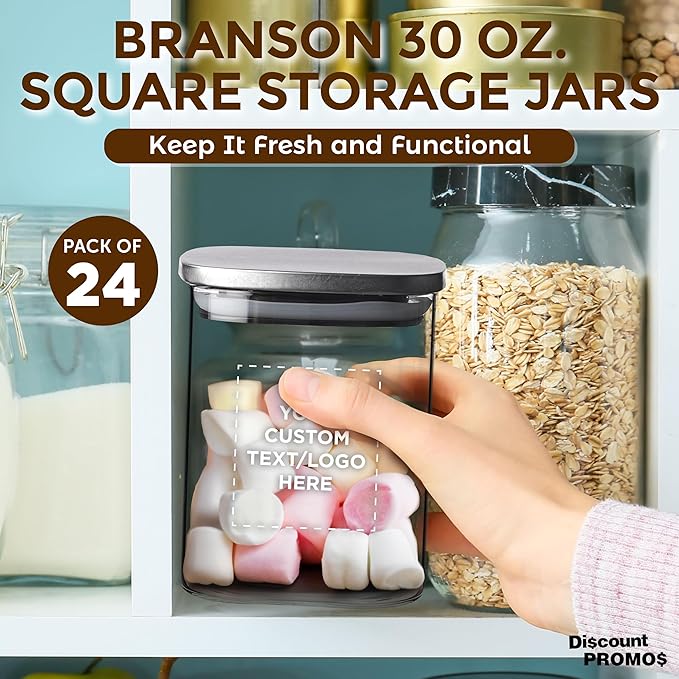 DISCOUNT PROMOS Custom Branson 30 oz. Square Storage Jars Set of 24, Personalized Bulk Pack - Durable Kitchen Organization, Home Decor Essentials, Food Storage Solutions - Clear
