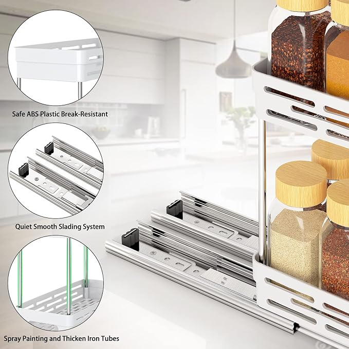 Pull Out Spice Rack Organizer for Cabinet, 3 Packs Slide Out Spice Racks Organizer, Spice Cabinet Organizers, Cabinet Size Need:12'' Highx11'' Deepx5'' Wide,Each Tier Hold 10 Spice Jar - 2 Tier, White