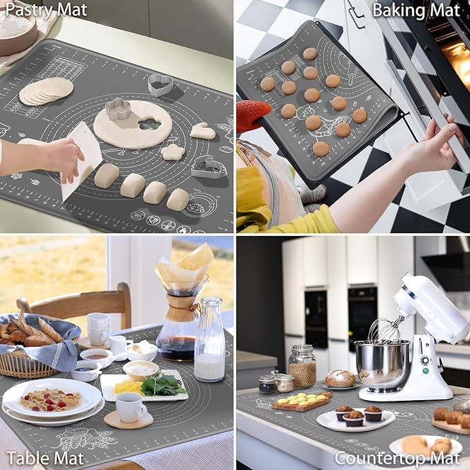Silicone Baking Mat 32x24 inch, Extra Thick Non-stick Pastry Mat with Measurements and Edge Heightening, Food Grade Silicone for Countertop Dough Rolling Making Bread, Cookies, Pizza, Fondant, Pasta