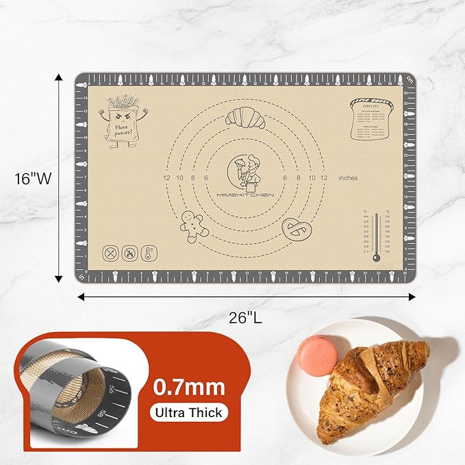 Silicone Baking Mat with Cookie Recipes, Extra Thick Silicone Mat for Baking Macaron, Bread, Pizza, Non Stick Pastry Mat for Dough Rolling Out, Heat Resistant to 480°F Gift for Baker