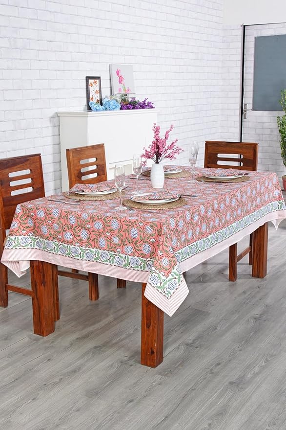Ridhi Dark Salmon Pink 80 x 120 Inches Rectangular Cotton Washable Tablecloth, Hand Block Print Floral, for Kitchen, Dining, Spring, Easter, Wedding, Birthday, Bridal