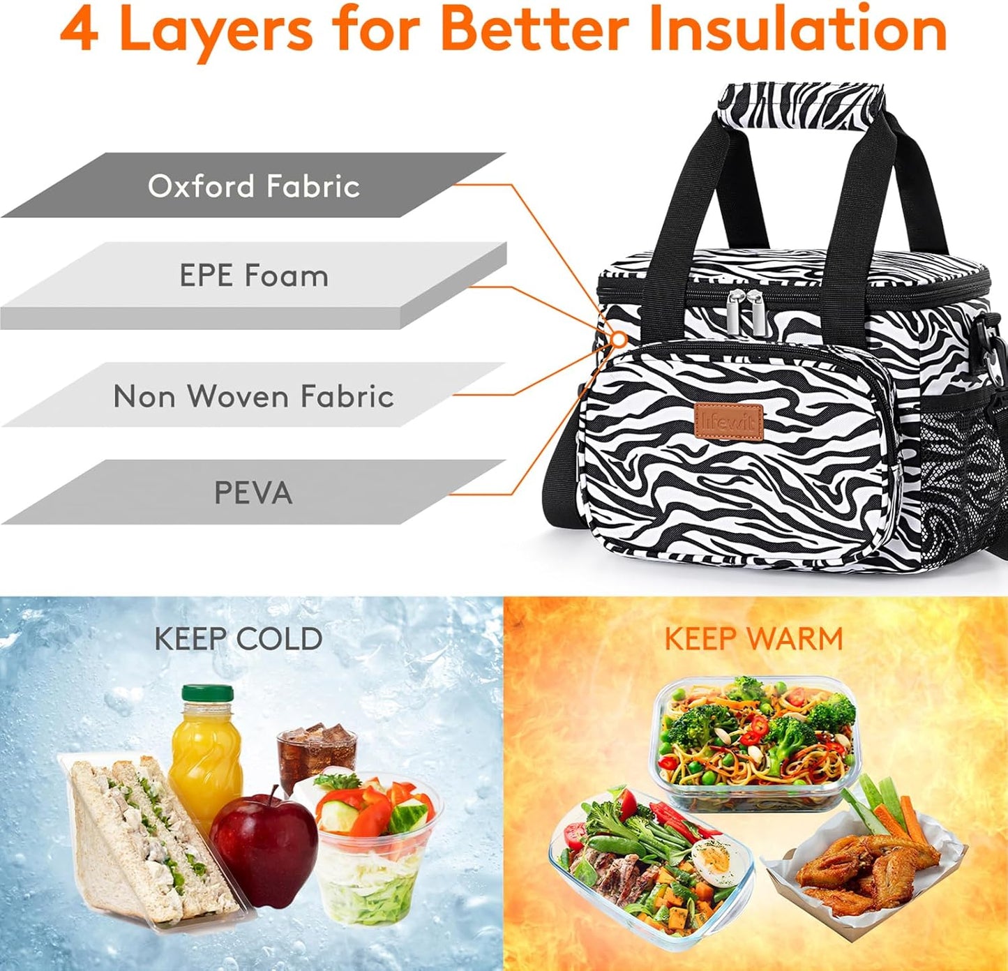 Lifewit Medium Lunch Bag Insulated Lunch Box Soft Cooler Cooling Tote for Adult Men Women, Zebra Stripes 12-Can (9L)