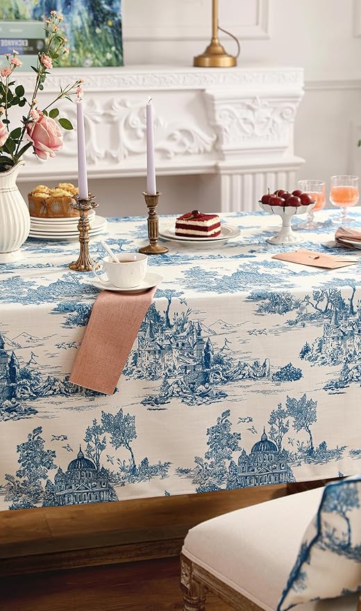 patdrea Designer Cyan Tablecloth for Rectangle Tables,Vintage Linen with Ancient Castle and Manor Pattern Tablecloths,Elegant Table Cover Cloth Decor for Kitchen Dining Christmas,63"*94"