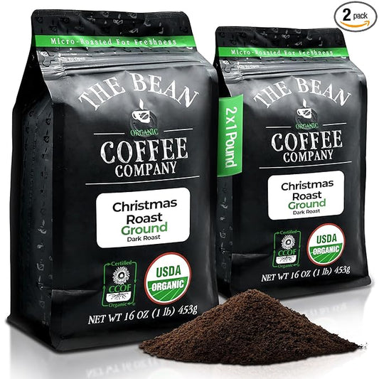 The Bean Organic Coffee Company Christmas Roast, Dark Roast, Ground Coffee, 16-Ounce Bags (Pack of 2),Café molido tostado organico