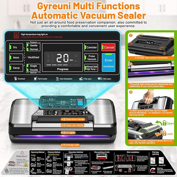 95Kpa Vacuum Sealer Machine for Food with Bags, 12-in-1 Food Saver Vacuum Sealer with Double Heat Seal, Built-in Cutter,Accessory Hose, Bag Storage,10 Bags, 1 Bag Roll & Marker Pen,App Control