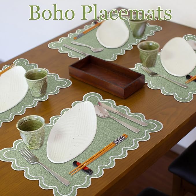 12 Set Linen Placemat 13x19 Wavy Embroidery Scalloped Placemat Double Layered Washable Farmhouse Dinner Table Mat Fabric Napkin for Christmas Hotel Restaurant Wedding Party(Sage Green)