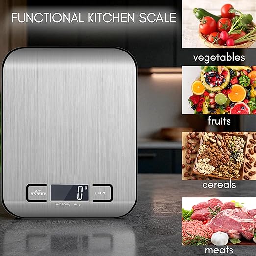 Food Scale For Kitchen - Stainless Steel Kitchen Scale, 100% waterproof, Batteries Included, Weighs Up to 22 lb/10kg, Digital Scale, Food Scale With Nutritional Calculator, Baking Scale, Cooking Scale