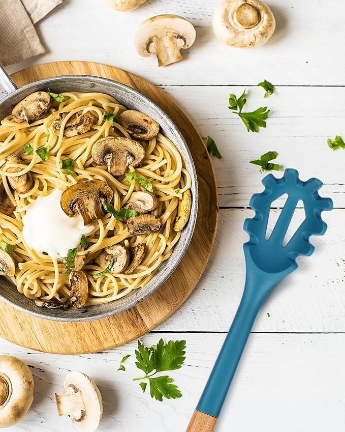 Silicone Pasta Fork, Kitchen Heat Resistant Noodle Spoon Server, BPA Free Spaghetti Strainer,12.8 inch (Khaki & Blue)
