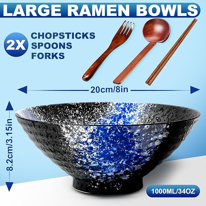 8-Inch Large Ceramic Ramen Bowl Set of 2 (9 Piece) - Microwave & Dishwasher Safe Porcelain Japanese Salad Noodles Cereal Fruit Pasta Soup Bowls with Recipes Chopsticks Forks Spoons for Men Women Gift