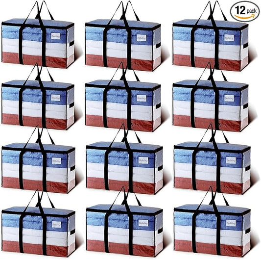 TAILI Extra Large Moving Bags, 12 Pack Clear Heavy Duty Totes for Storage with Visible Window, Wrap Around Handles, Storage Bags for Space Saving, Alternative to Moving Boxes