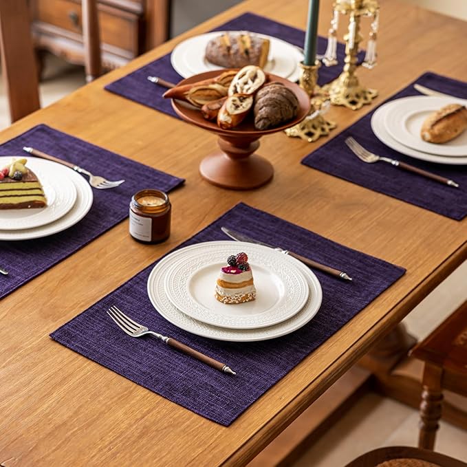 KXN Placemats Set of 8, Dual-Layer Thickened Faux Linen Table Mats, Heat Resistant & Wrinkle-Free, Machine Washable Cloth Place Mats for Kitchen Dining Indoor Outdoor (Purple)