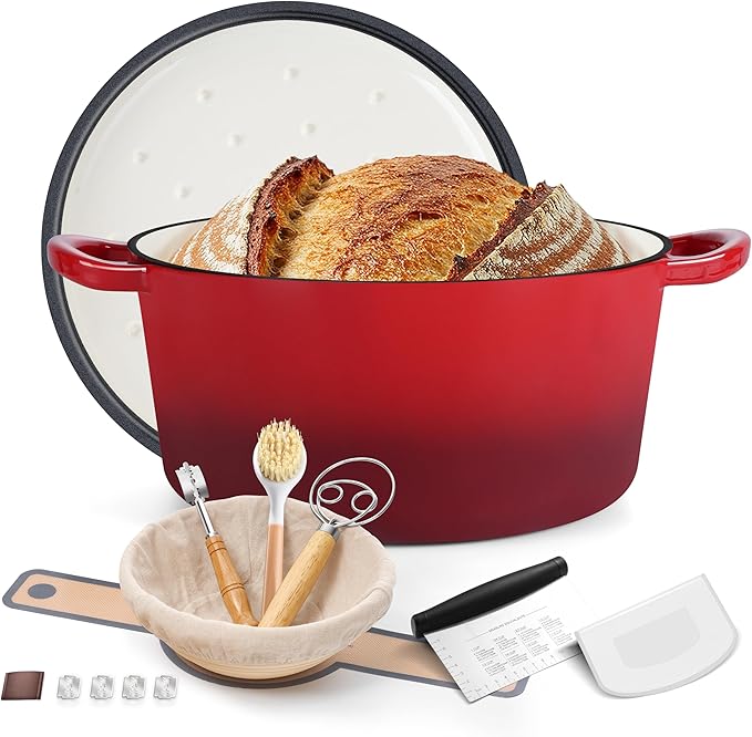 E-far Enameled Dutch Oven Pot for Bread Baking, 6QT Enameled Cast Iron Cookware with Self-Basting Lid & Sourdough Bread Baking Supplies, Heavy Duty Casserole Pot & Dual Handles-Red