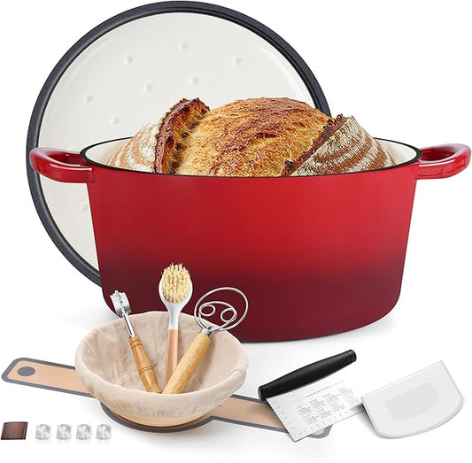 E-far Enameled Dutch Oven Pot for Bread Baking, 6QT Enameled Cast Iron Cookware with Self-Basting Lid & Sourdough Bread Baking Supplies, Heavy Duty Casserole Pot & Dual Handles-Red