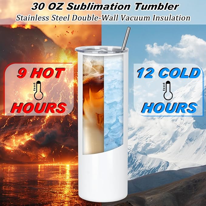 30 Oz Sublimation Tumblers Bulk (24 Pack) - Stainless Steel Double Wall Vacuum Insulated Cups With Straw, Individually Boxed