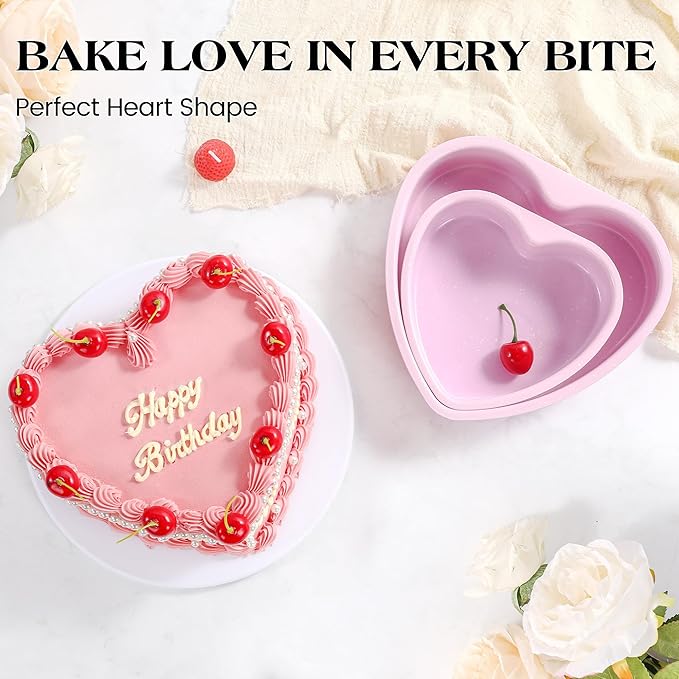 8 Inch Heart Shaped Cake Pans Set 2 Pack Nonstick Cake Pan for Baking Carbon Steel Large Heart Molds (Pink)