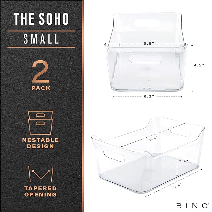 BINO | Plastic Storage Bins, Small - 2 Pack, Clear | THE SOHO COLLECTION | Pantry Organizers and Storage Containers Fridge Organizer Bins Kitchen Cabinet Organizer Medicine Cabinet Bin