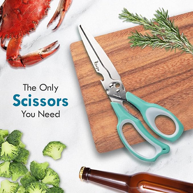 All Purpose Kitchen Scissors for Food and Heavy-Duty, Stainless Steel Cooking Shears for Chicken, Poultry, Meat, Herbs, Fish, Bones, Multi-Purpose Cooking Accessories with Cap and Sharpener