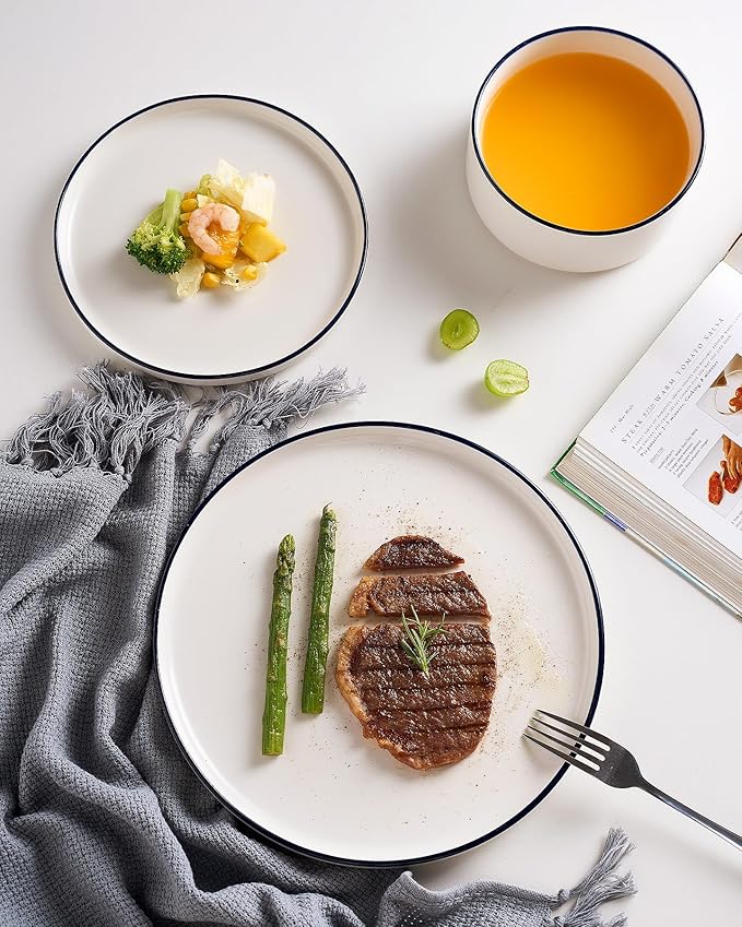 Famiware Porcelain Dinnerware Set, 24-Piece Modern Plate and Bowl Set, dish set for 8, Microwave and Dishwasher Safe Tableware, White with Blue Trim