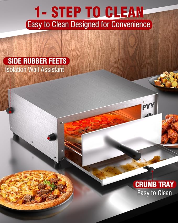 PYY Commercial Pizza Oven Electric - 12 Inch Tabletop Pizza Oven Indoor Stainless Steel Professional Pizza Cooker Baker Countertop with Timer & Crumb Tray for Home Restaurant 1100W,Silver