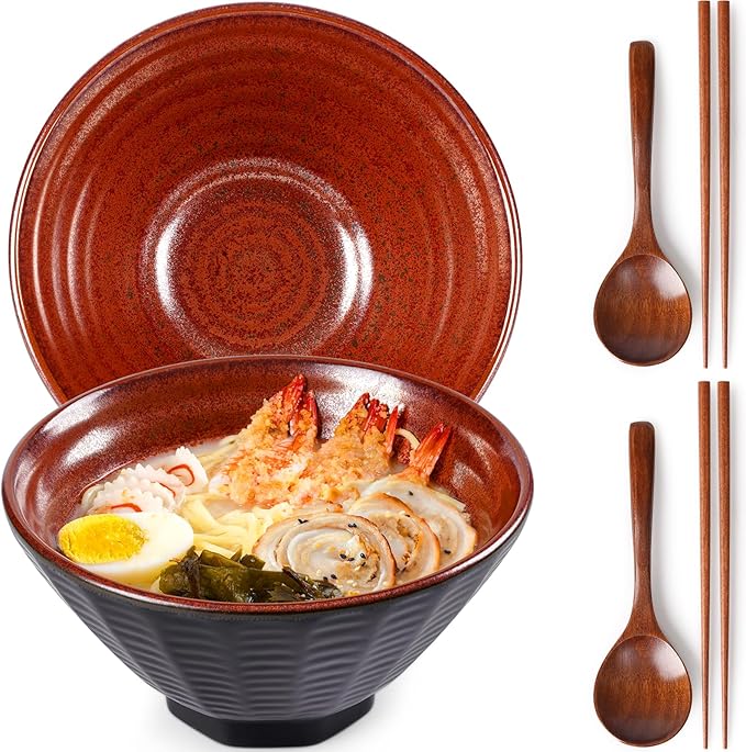 NUTRIUPS Ceramic Ramen Bowl Set of 2 Noodles Bowl with Chopsticks and Spoons, 50oz Large Ramen Bowl- Rusty Red Brown