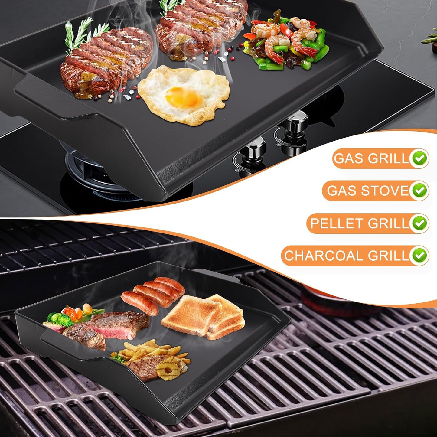 Universal Flat Top Griddle, Cast Iron BBQ Griddle for Electric/Gas/Charcoal Grill/Stove, 18.6 x14" Griddle Inserts for Weber Charbroil Camp Chef,Nonstick Coating Cooking Skillet Pan for Outdoor