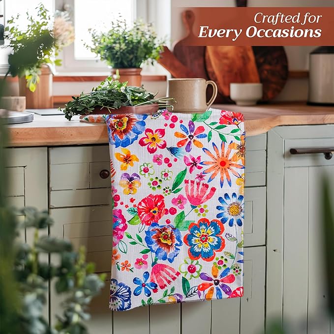 Maison d' Hermine Kitchen Towels Set of 3 100% Cotton 27.50" x 20" Reusable Cloth Tea Dish Towels Absorbent with Hanging Loop for Kitchen, Cocktail Parties Spring/Summer (Happy Florals - High Summer)