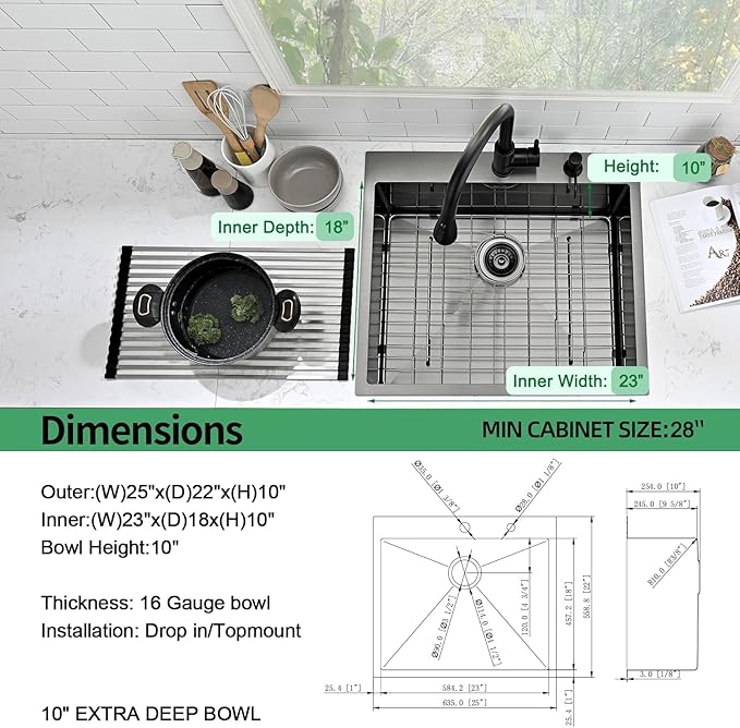 Drop In Kitchen Sink, 25 x 22 Inch Single Bowl Topmount Sink 16 Gauge T-304 Stainless Steel Gunmetal Black Kitchen Sinks