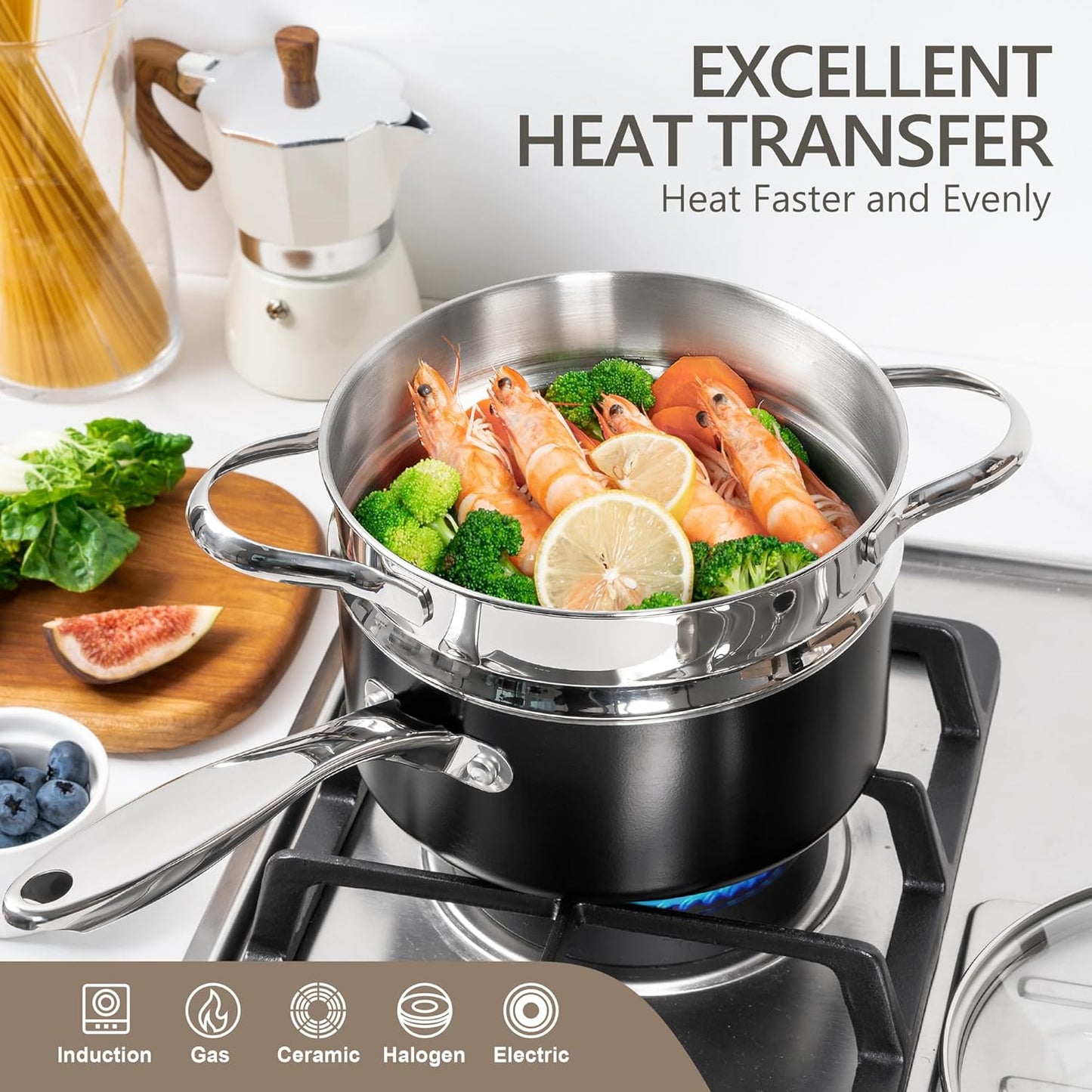 MICHELANGELO 2 Quart Saucepan with Steamer & Glass Lid - Nonstick Sauce Pan with Lid | Ceramic Steamer Pot, Induction Compatible, Oven Safe