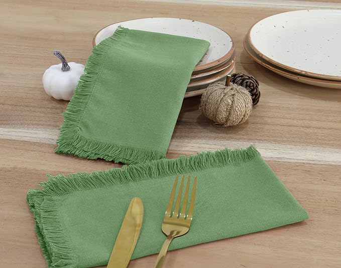 PurpleEssences Cloth Napkins with Fringes, 100% Cotton Christmas Holiday Winter Table Decor, Set of 6 18x18 Inch Reusable Dinner Napkins for Parties and Weddings - Sage Green
