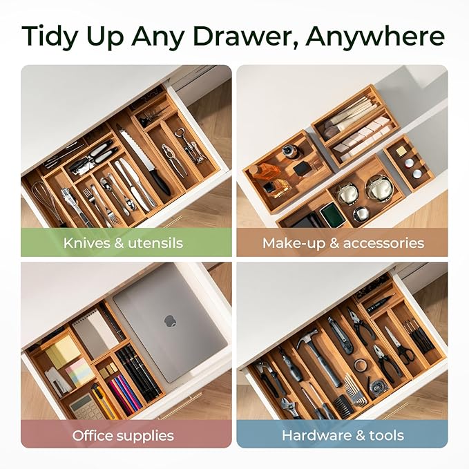 6-Piece Bamboo Drawer Organizer Set, 2.2" Deep Multi-Use Organizers for Utensils, Silverware, Cutlery, Desk, Bathroom, Junk Drawer & Makeup, Non-Slip Feet Included.